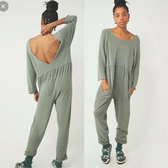 Free People Pants - Free People FR Beach Breaking Piece Knit Jumpsuit Dusty Green oversized boho L